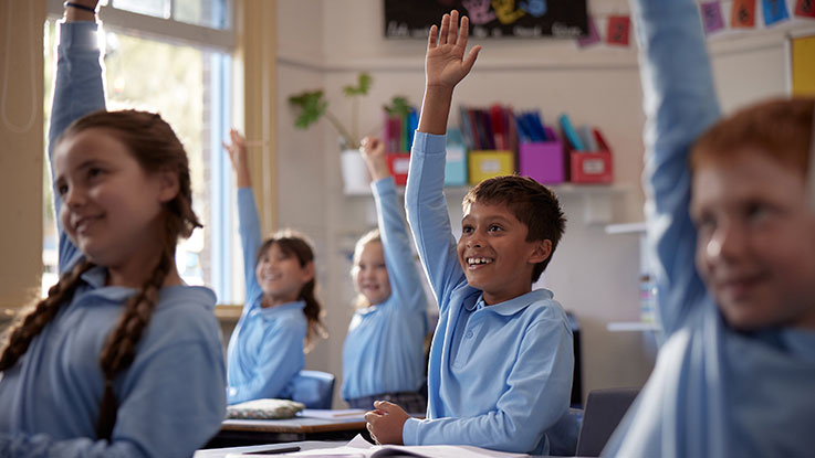 Student with their hand up answering a question in classroom
