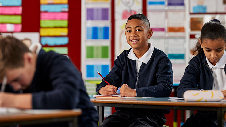 Boy smiling at camera in a classroom with other students working