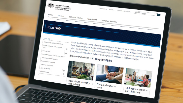 a laptop with a web browser open of the australian job hub website