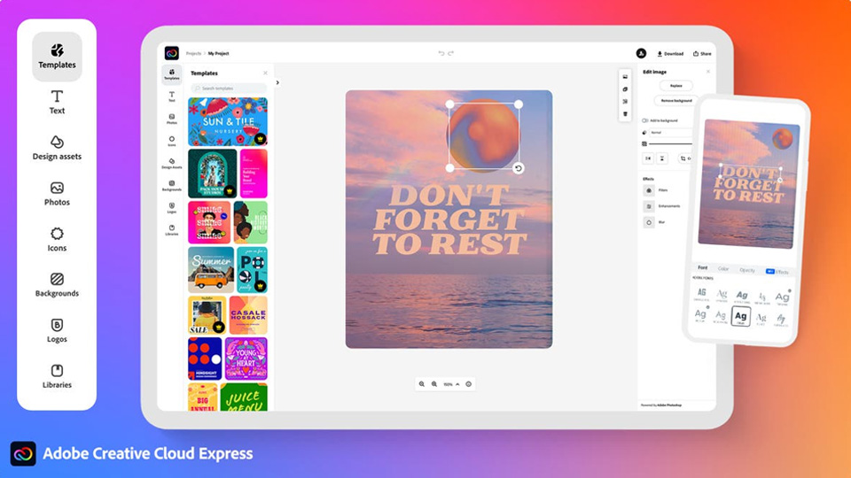 Image showing various parts of the Adobe express interface
