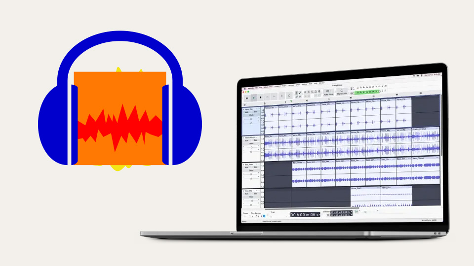 Audacity logo and interface on a laptop