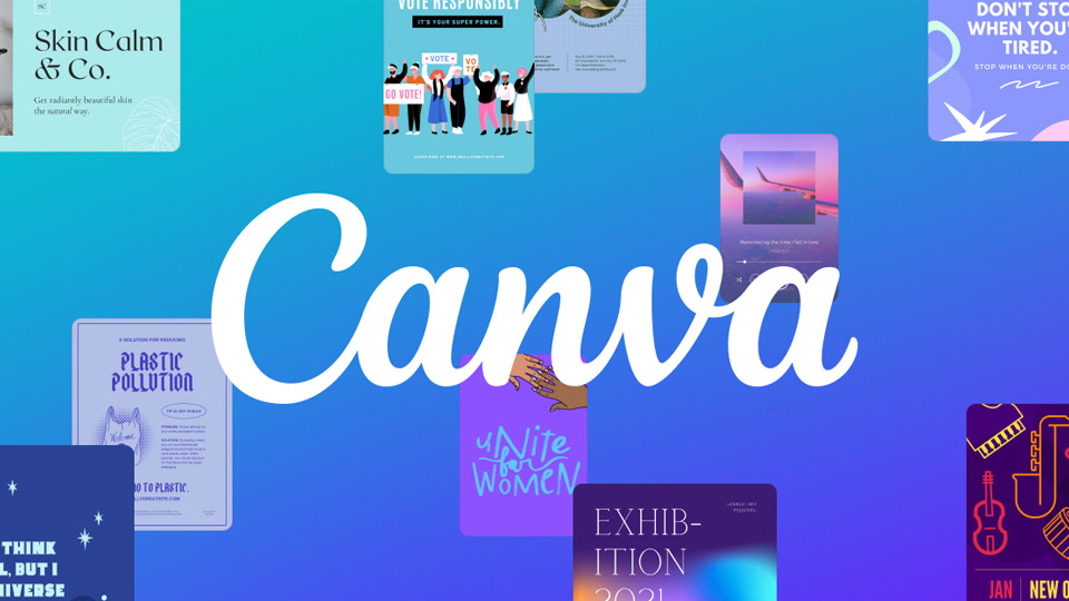 Canva logo with designs created in Canva surrounding it.