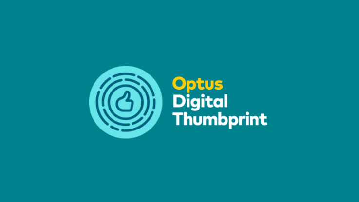 Logo for Optus Digital Thumbprint on a teal background.