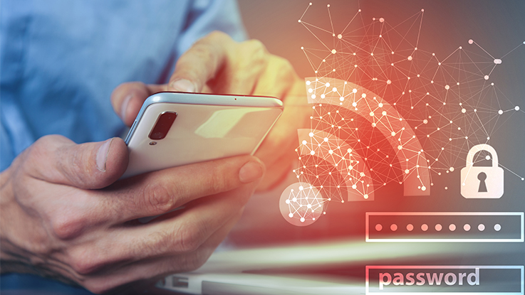 Person using a smartphone with digital cybersecurity and password protection overlay.
