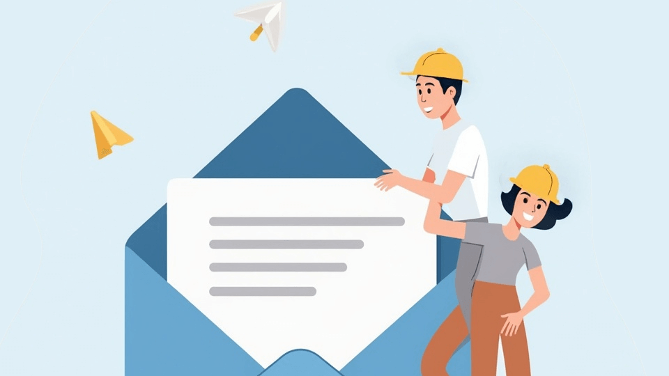 A fun illustration depicting a man and a woman wearing hard hats and working on an email.