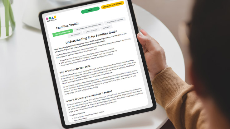a tablet being held up with the ai families toolkit page