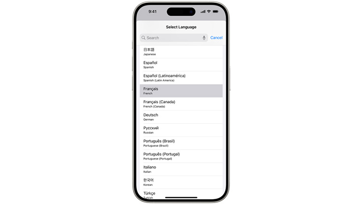 an iphone screenshot of the language options in the setting app
