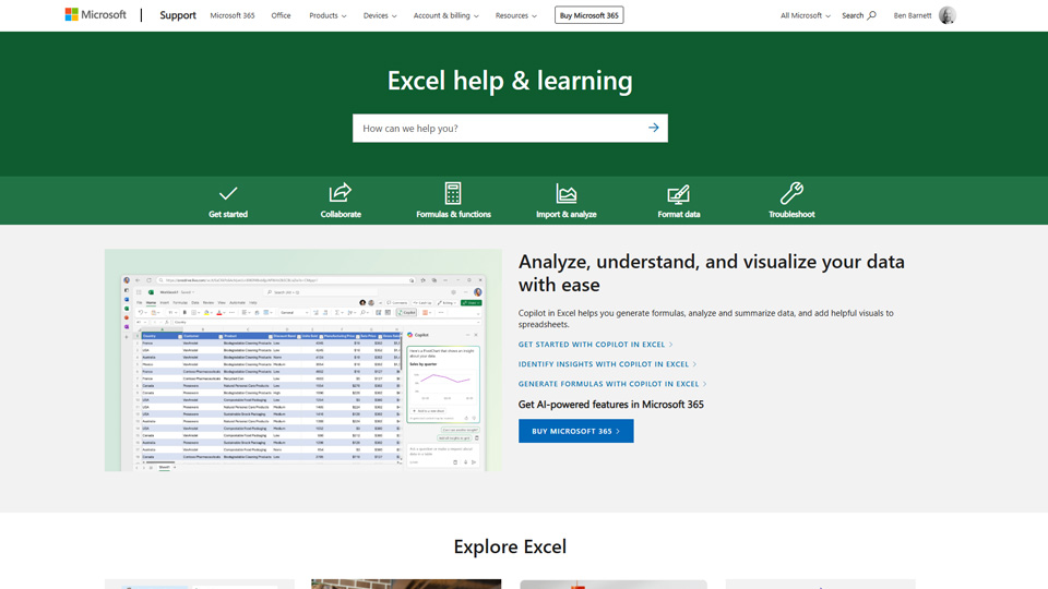 Image showing the Microsoft Excel training webpage