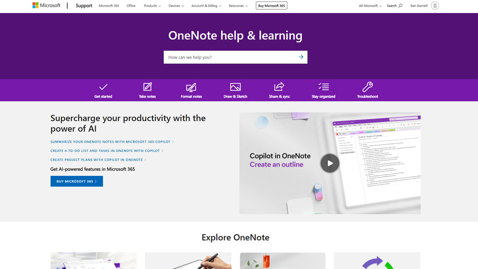 Image showing the Microsoft oneNote training webpage