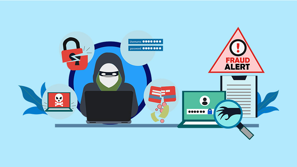 a digital illustration of an online scammer with alerts