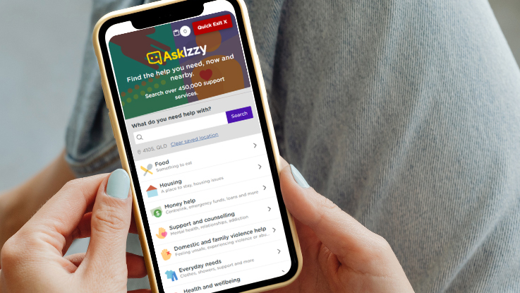 Person using the Ask Izzy app to find local support services and assistance.