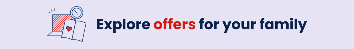 a purple banner that says explore offers for your family with a laptop and a card with a heart and clock