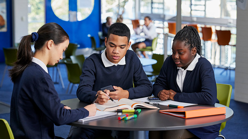 high school students studying together in the library