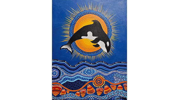 featuring Indigenous-style artwork of a whale tail against a blue and orange background, with wave motifs and surrounding text.