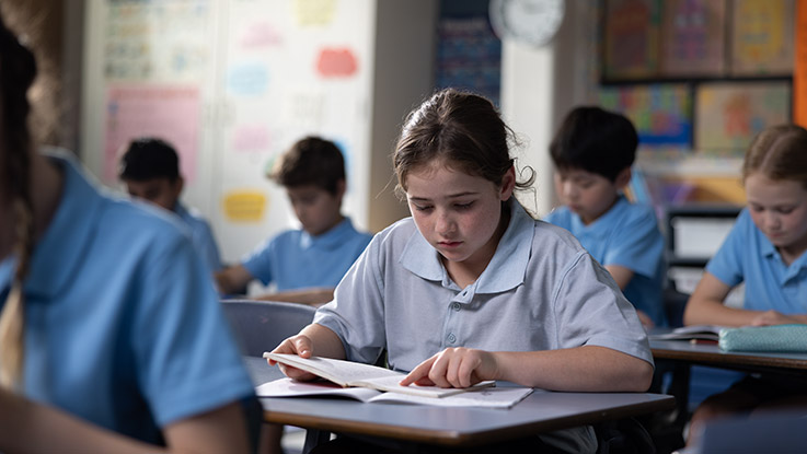 a school girl in the classroom doing her work