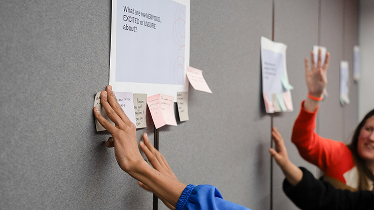 a pair of hands sticking a sticky note on a wall with questions during a workshop