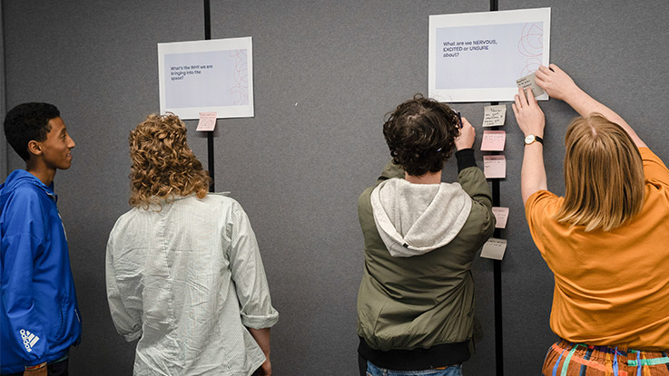 a group of people standing in front of wall with paper and sticky notes brainstorming in a workshop