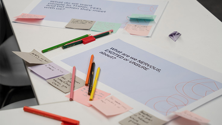 a paper with a question and sticky notes on top with pens and pencils