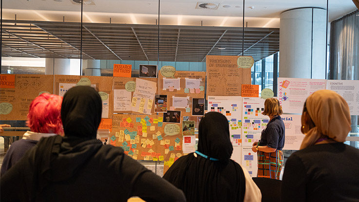 a group of participants in a workshop viewing paper on a wall with ideas and sticky notes
