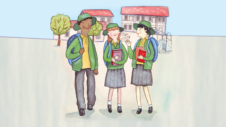 Hand drawn illustration of three students standing in the school grounds holding books and talking