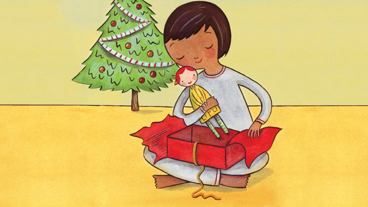 A hand drawn illustration of a little girl opening a Christmas gift