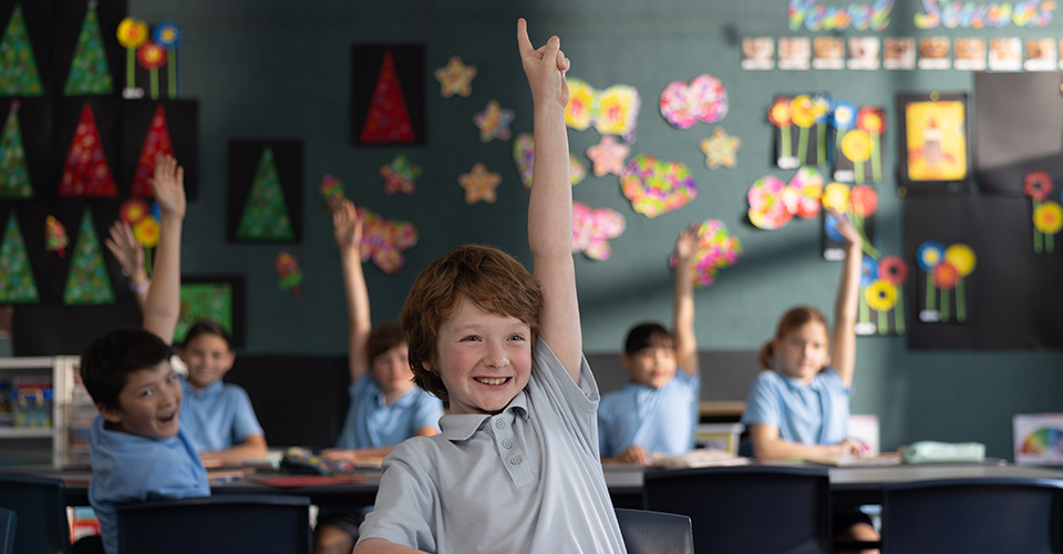 a school boy raises his hand in a classroom smiling