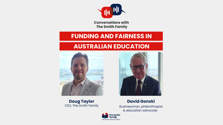 a thumbail with two images of men for a podcast episode called funding and fairness in australian education