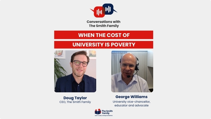 a podcast cover image with doug taylor and george williams for the smith familys podcast conversations