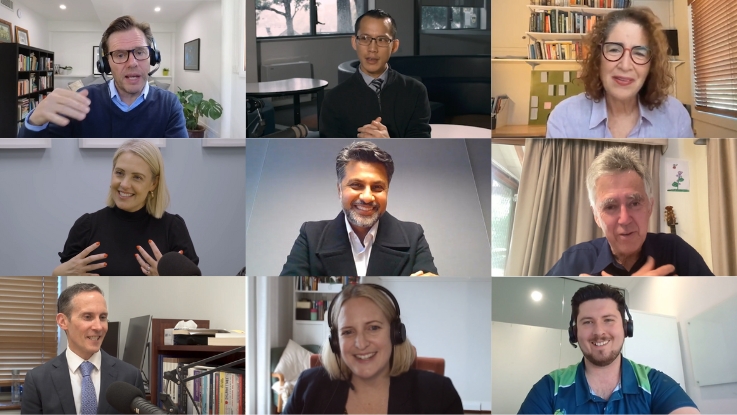 Virtual meeting grid view showing participants engaged in discussion, diverse backgrounds, all wearing headphones or headsets