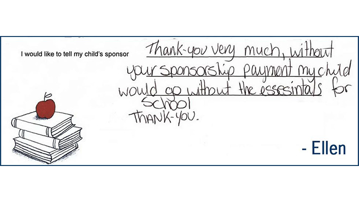 a thank you note from a parent of a child who is sponsored by the smith family