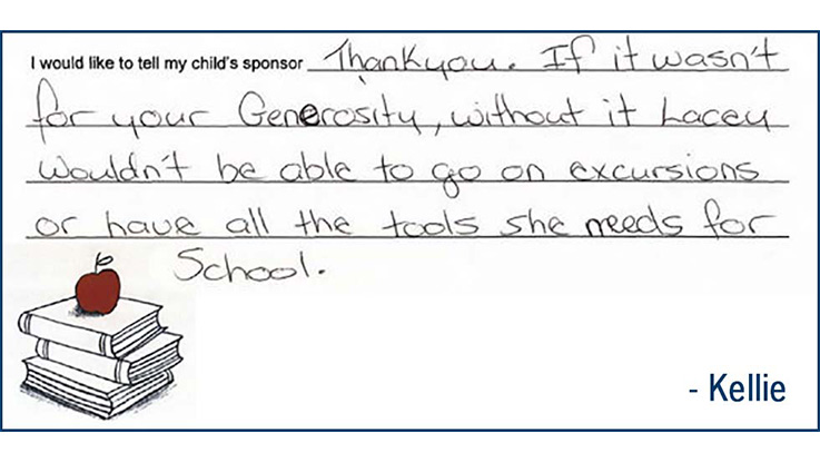 a thank you note from a parent of a child who is sponsored by the smith family