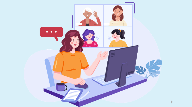 Illustration of a person sitting at a desk and participating in a video conference on a desktop computer.