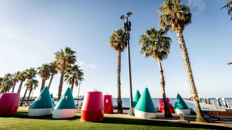 Palm-lined waterfront featuring colourful navigation buoys displayed on grass beside a marina under a clear blue sky.