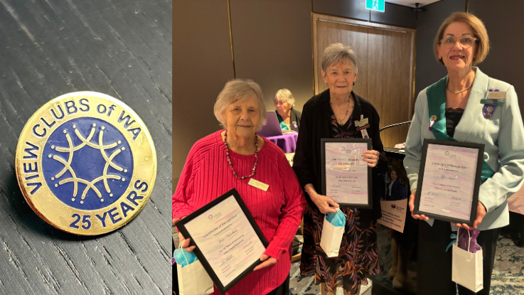 View Clubs of WA 25 Years commemorative badge displayed alongside three certificate recipients at an awards presentation.