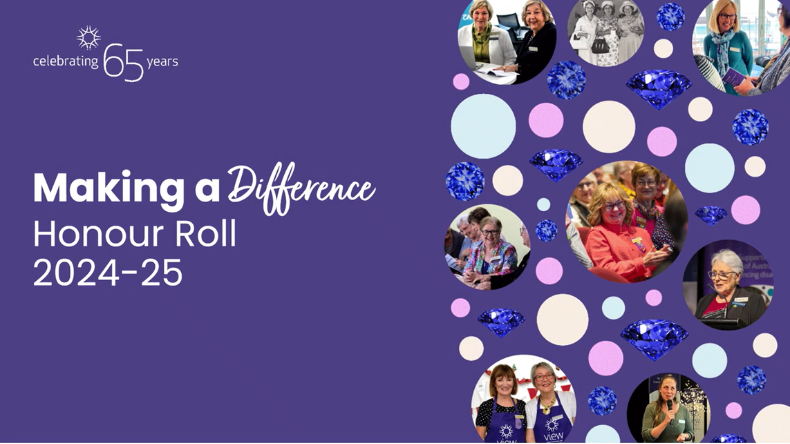 Purple “Making a Difference Honour Roll 2024–25” banner with event photos, blue gemstone graphics, and a “celebrating 65 years” logo.
